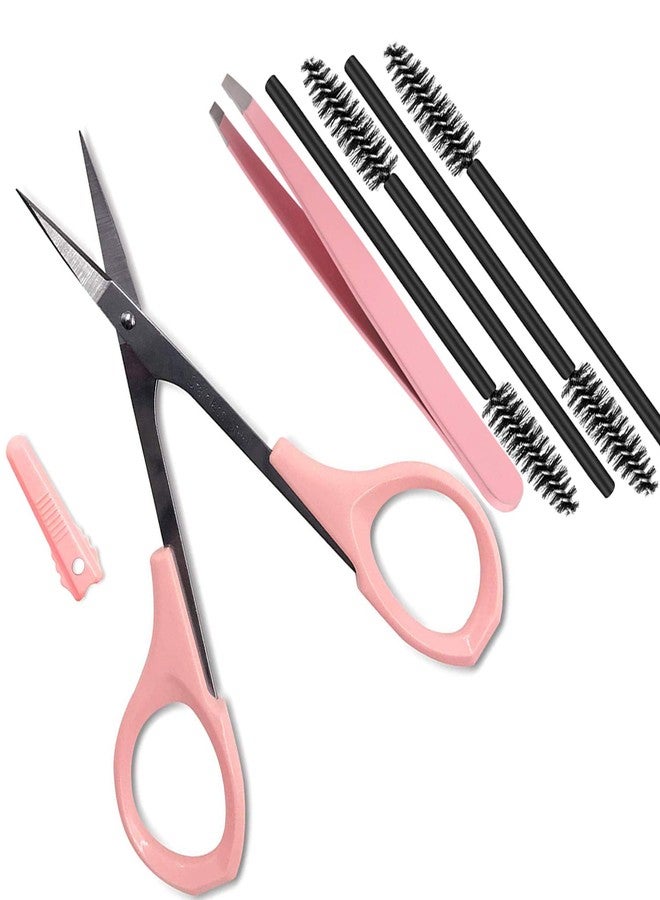 HiMo 4" Curved Craft Scissors Stainless Steel Unisex Eyebrow Kit Eyebrow Scissors, Slant Tweezers And Eyebrow Brush for Eyebrow Eyelash Extensions Pink Set - Image 1